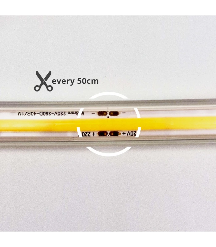 5 m. vandtæt COB strip - 230V, IP67, 360 LED, 10W