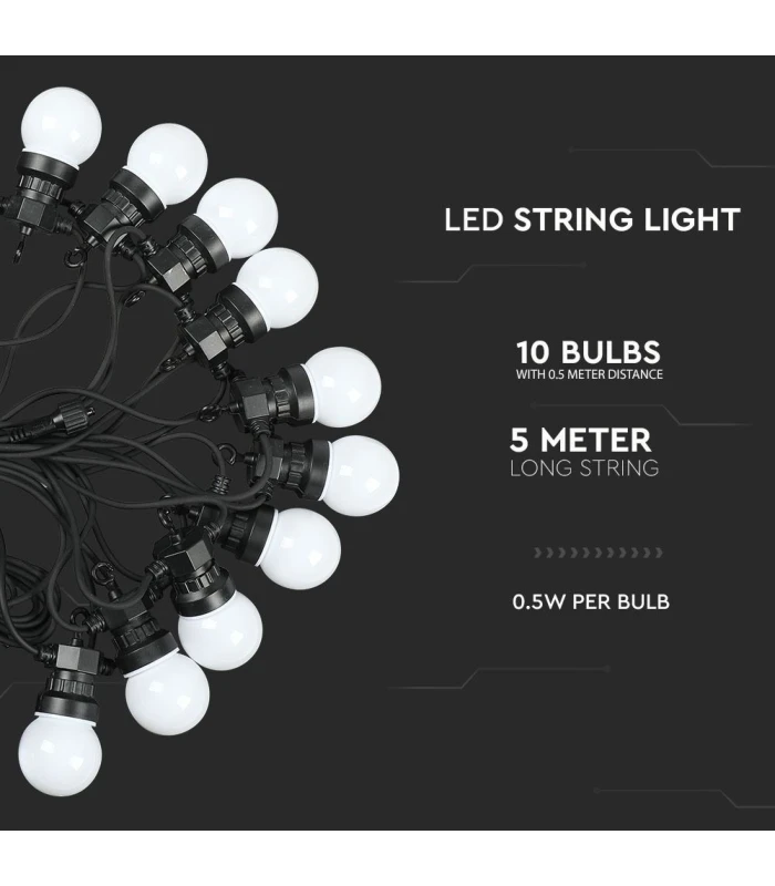 V-Tac LED lyskæde - 10 pærer, 5 meter, IP44, inkl. lyskilde, 5W, 230V, 300lm