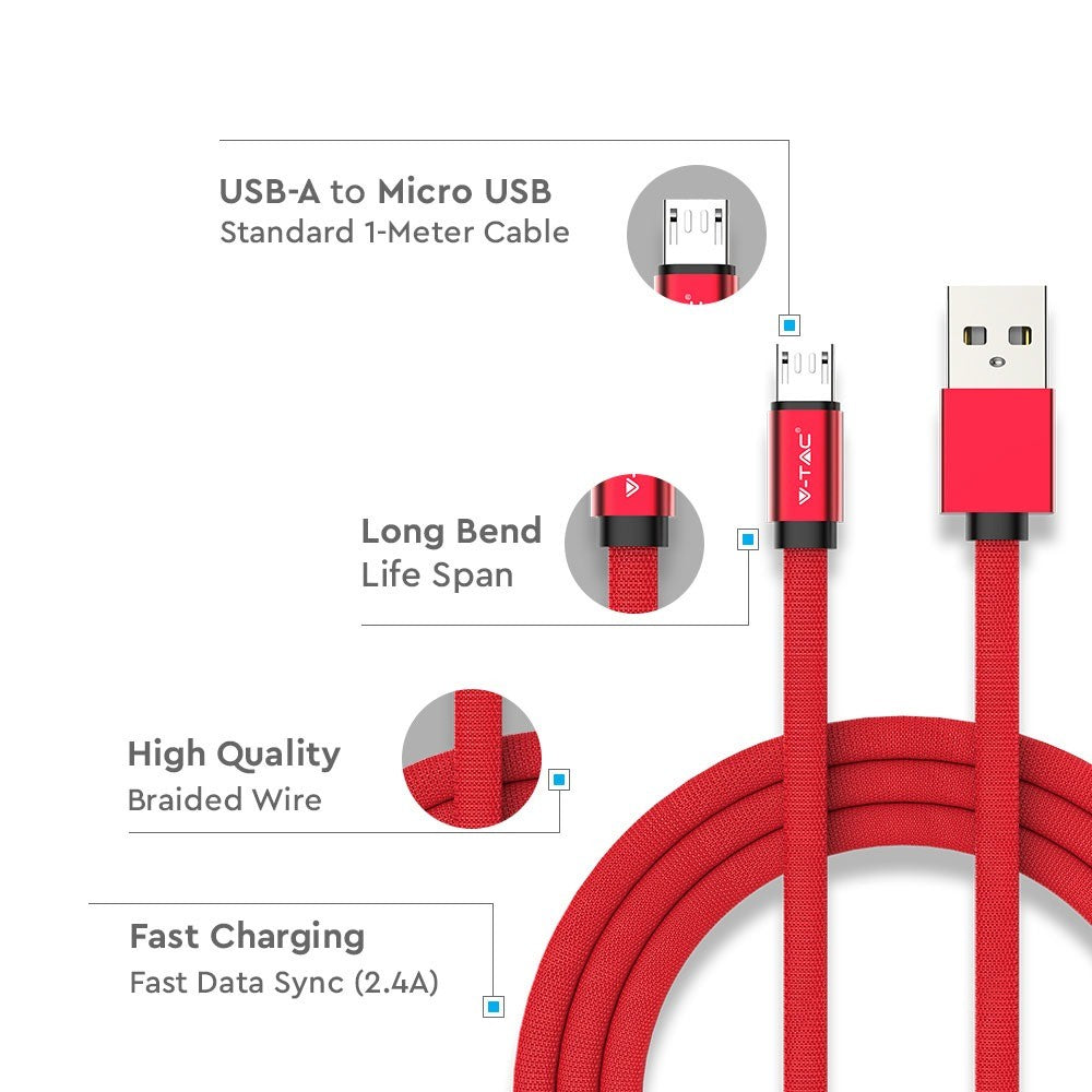 1m Rødt flettet Micro USB kabel med bomuldsstof - Ruby serie