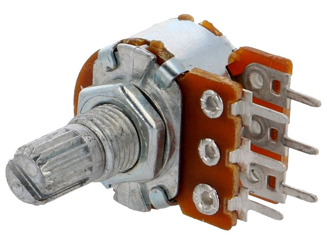 Potmeter - 100kOhm stereo log., Ø6mm rillet metalaksel