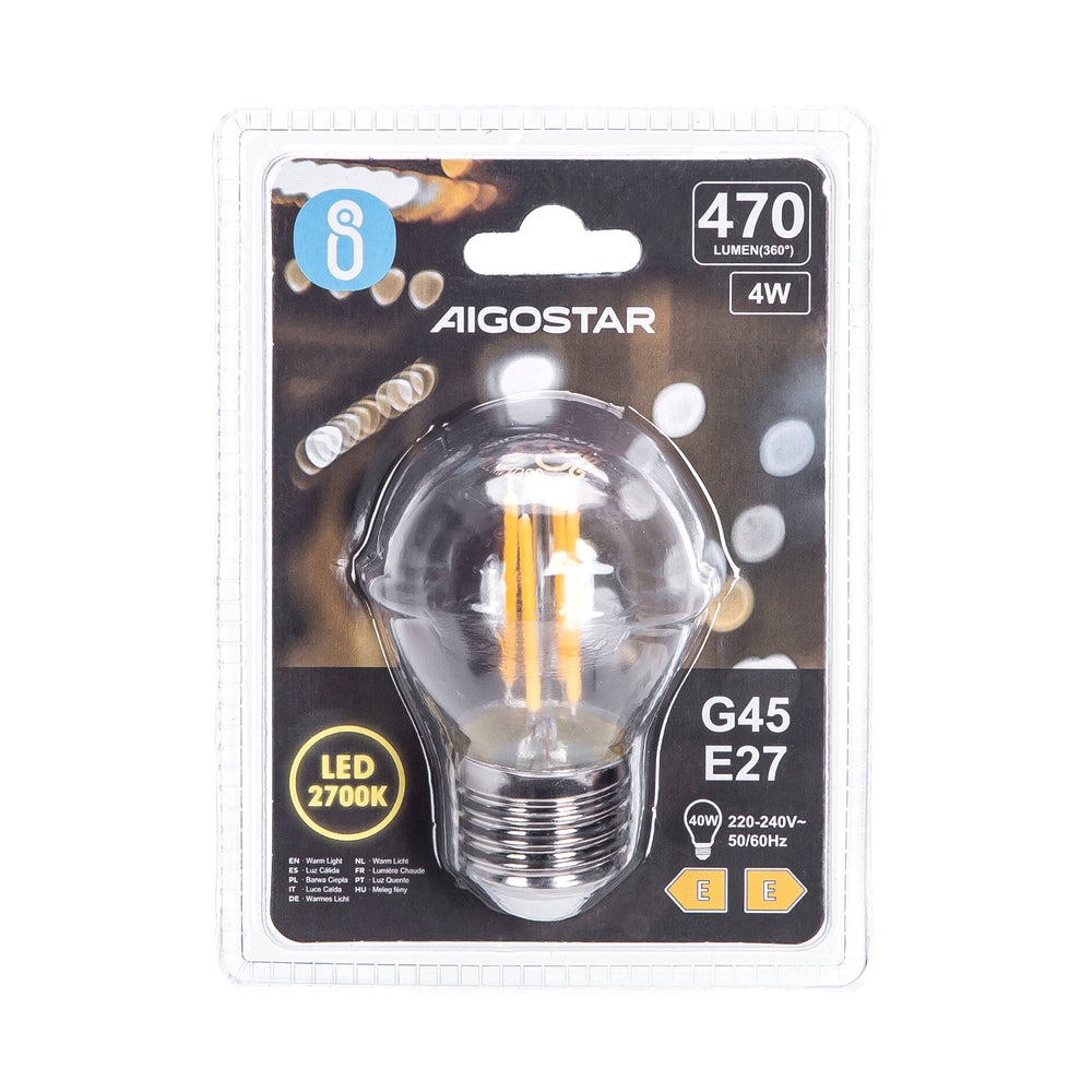 LED Filamentpære G45 E27 4W 2700K Klar - Erstatter 40W, 470lm, RA80, 3 års garanti.