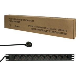 19" El-rackpanel - 9 x CEE7/3 hun, u. kontakt, Sort (2m)