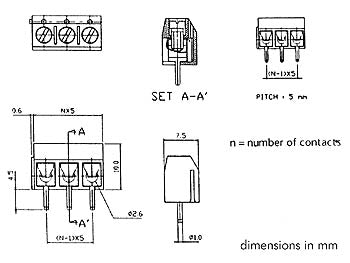 Print Skrueterminal - 3pol, 5mm benafst., lav profil, Sort