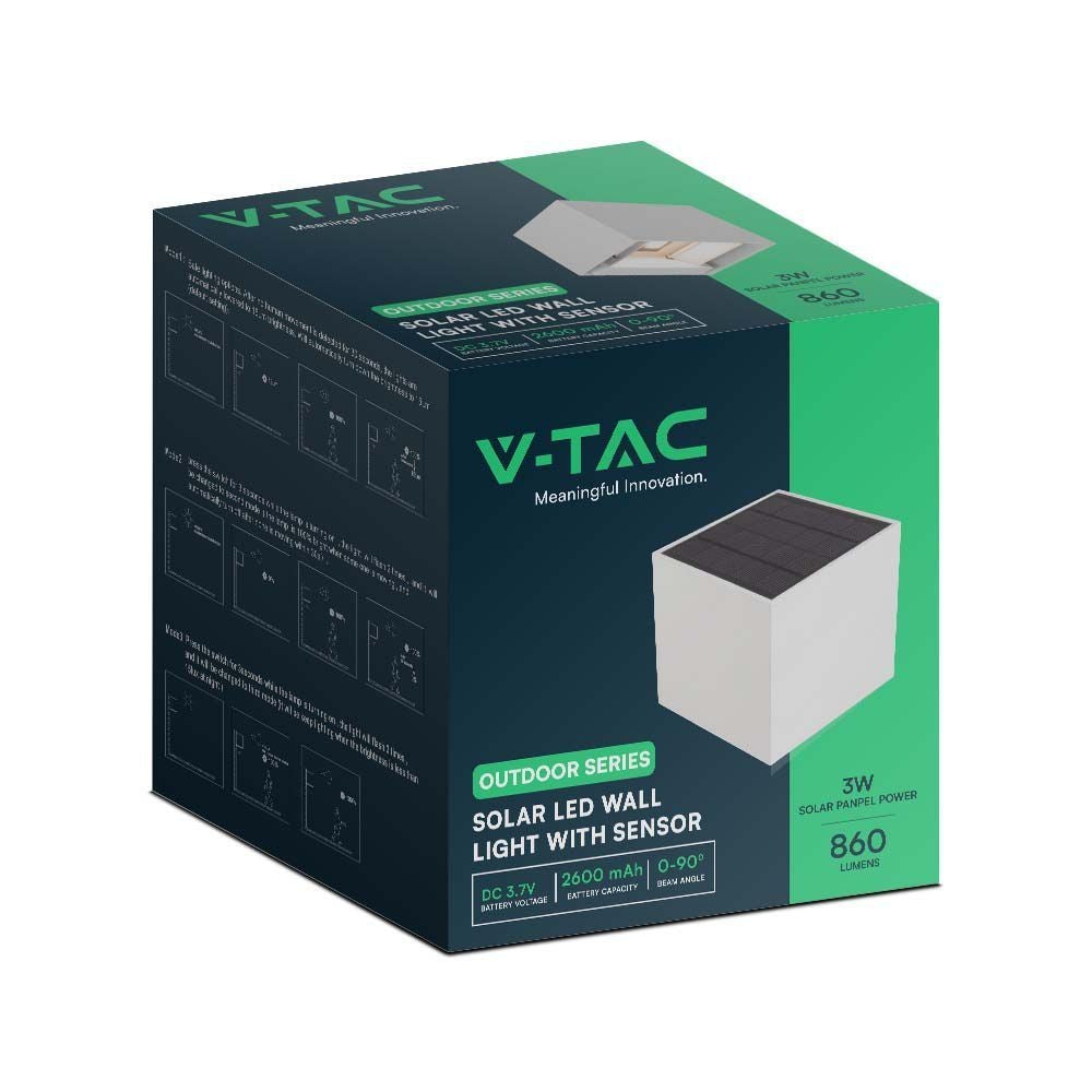 V-Tac 3W Solcelle væglampe LED - Hvid, sensor, IP65 - Effekt: 9W, 860lm, vejr- og vandtæt (IP65)
