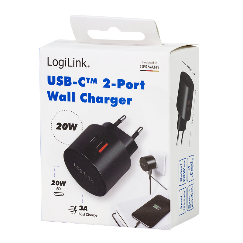 USB netadapter - 1xUSB-A QC (3A), 1xUSB-C PD (20W), Sort