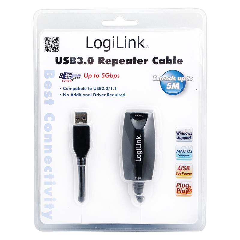 USB 3.0 Repeaterkabel - A han til A hun, Sort (5m)