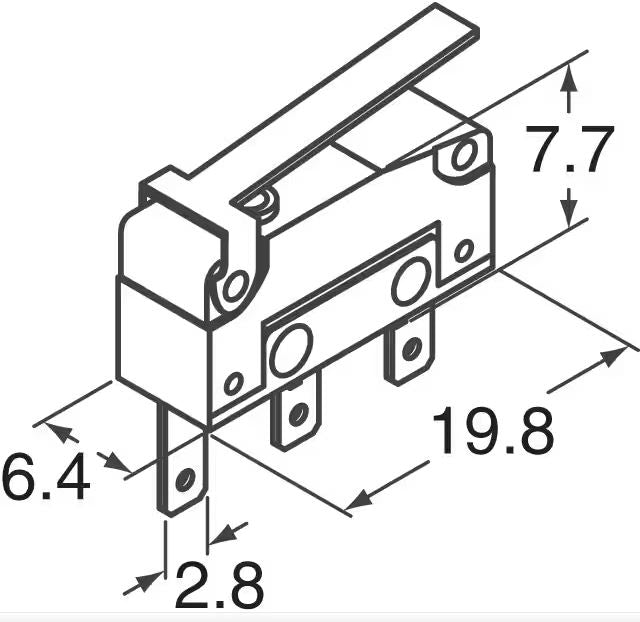 Mikroswitch, kort arm - 2A/250Vac, ON-(ON) SPDT, 2,8mm term.