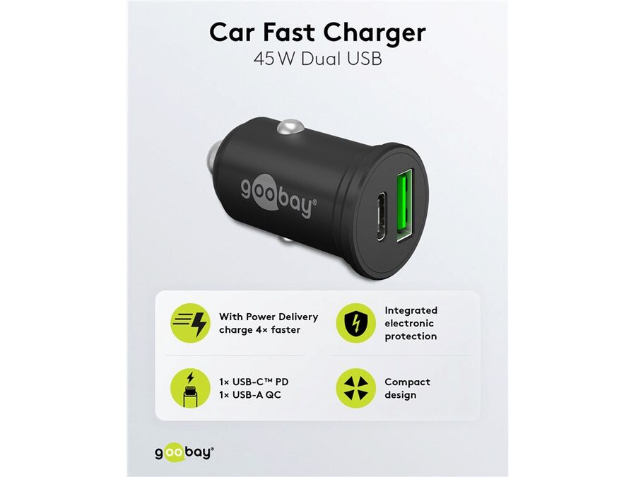 12/24V biladapter - 1 x USB-A, 1 x USB-C PD udtag, 45W