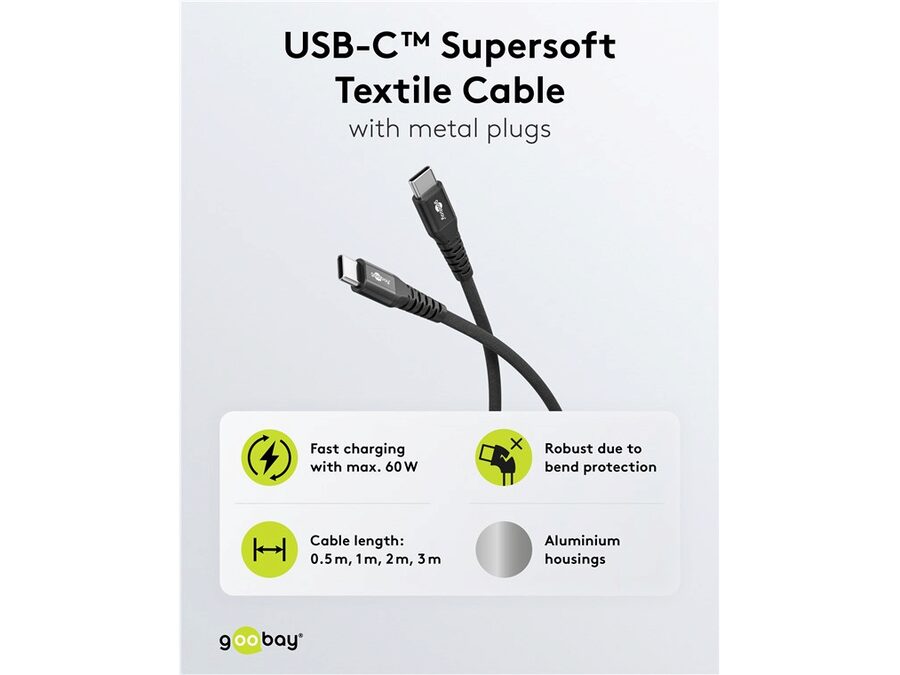 USB-C til USB-C Supersoft PD Tekstilkabel, 3A, Sort (0,5m)