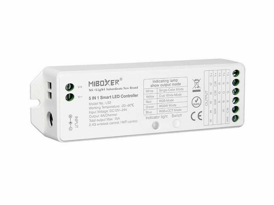 MiBOXER 5-i-1 Mono/RGB/RGBW, CCT LED styring - 12/24V, 15A