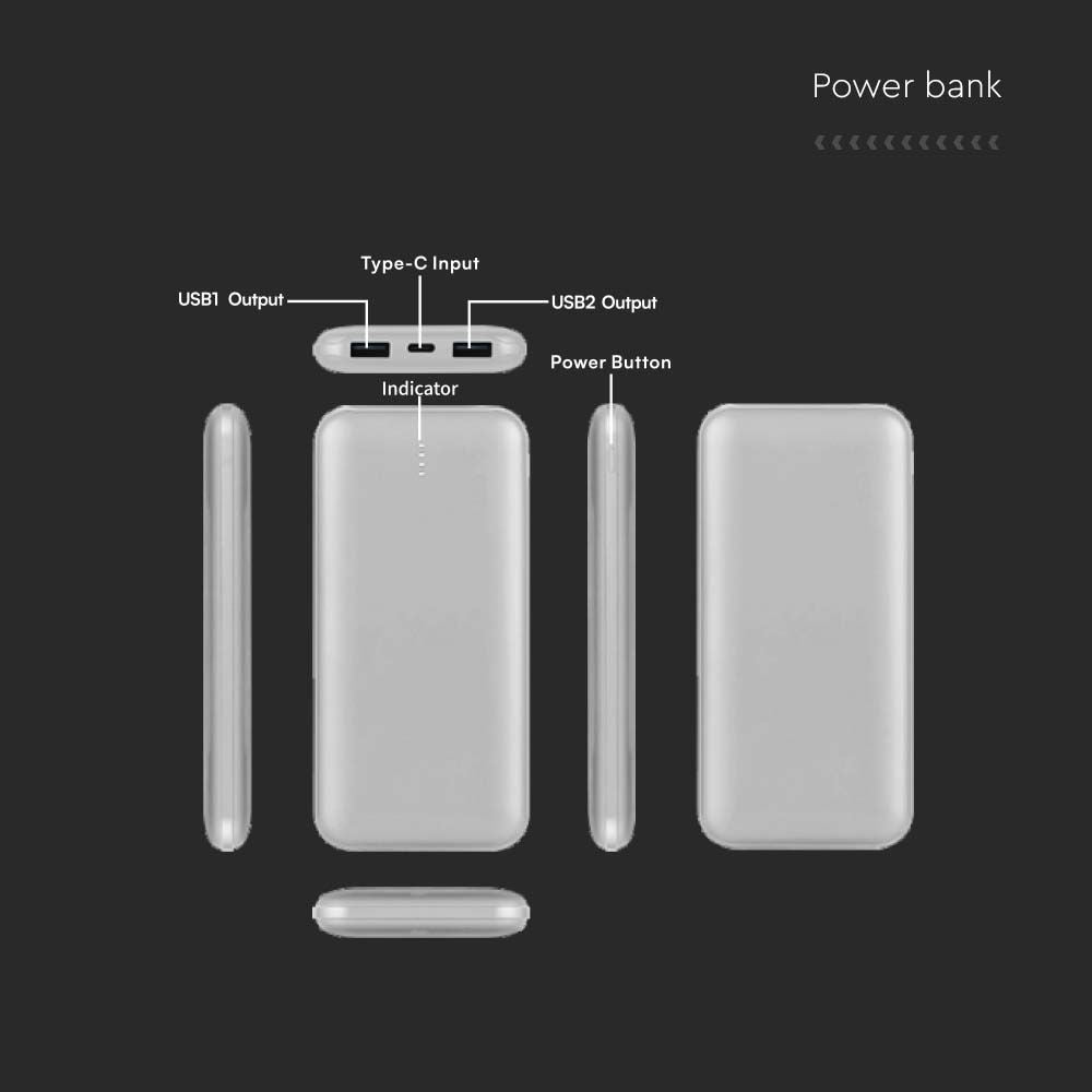 10.000mAh Powerbank med 2A output, inkl. 30 cm sølvfarvet Type C kabel