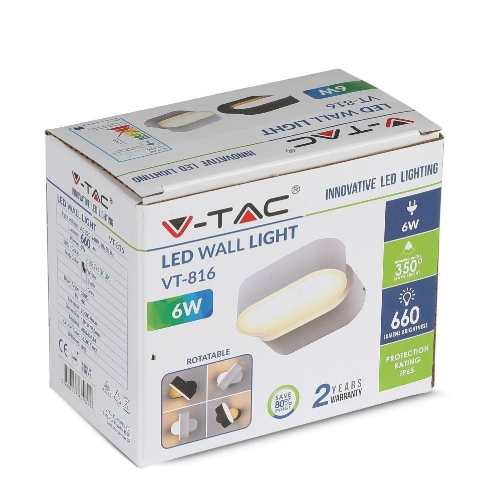 V-Tac 6W LED Hvid Væglampe - Oval, Roterbar 350 Grader, IP65 Udendørs, 230V, Inkl. Lyskilde