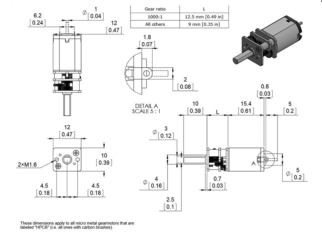 DC motor m. gearboks - 6V, 1000:1, D-aksel