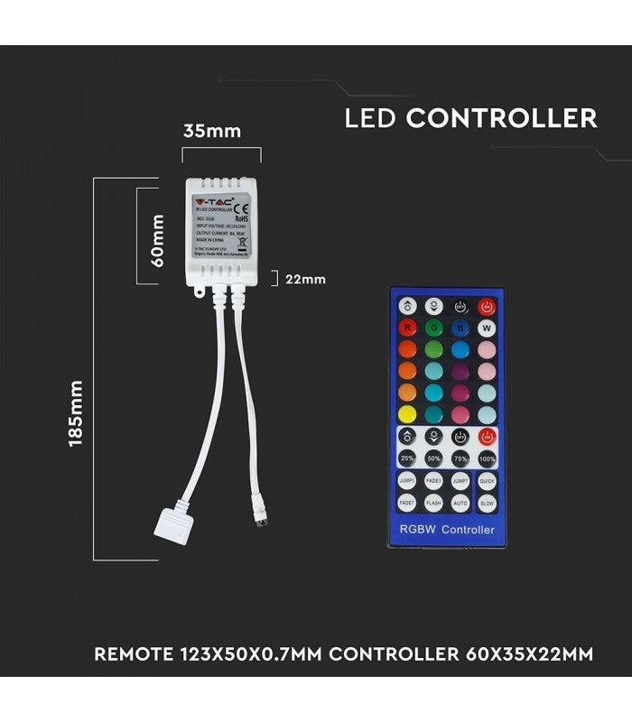 RGB+WW controller med fjernbetjening - Passer kun  til RGB+WW strip, 12V, infrarød, 96W