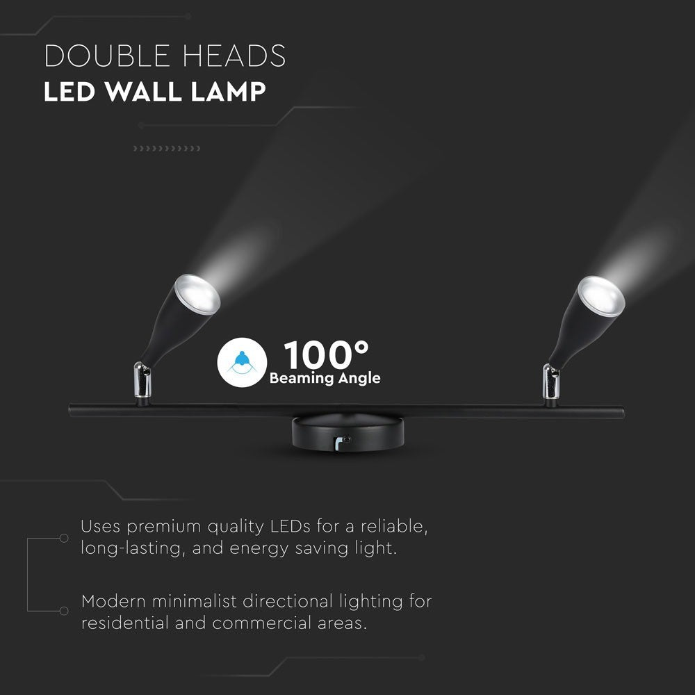 9W LED Væglampe med 2 Hoveder, 3000K, Sort - V-Tac Pro Serie (3 års garanti)