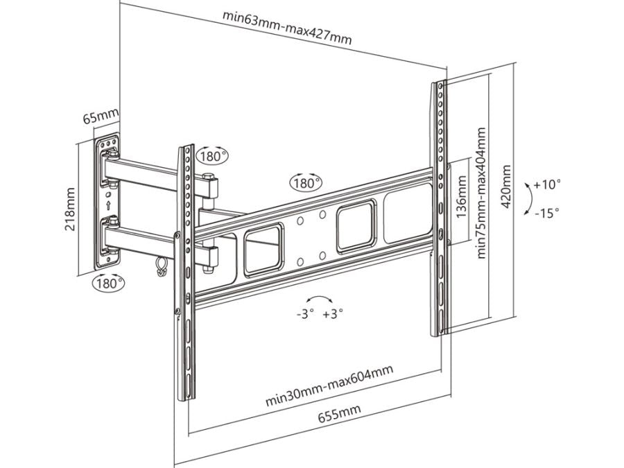 TV vægbeslag - 37-70" Drej-/vipbar, Vægafstand 63-427mm