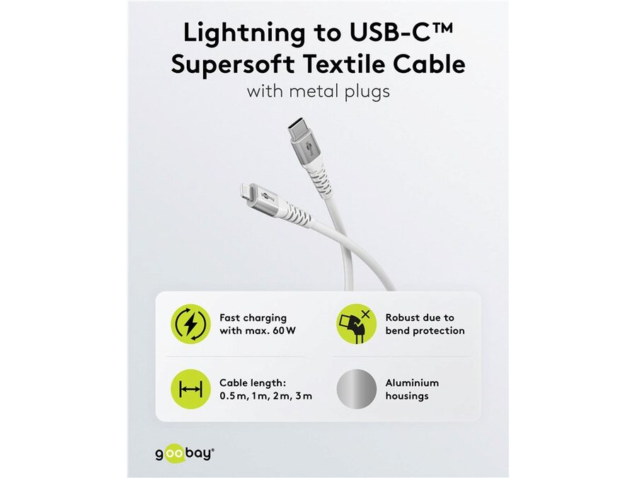 USB-C til Lightning Supersoft PD Tekstilkabel, 3A, Hvid (3m)