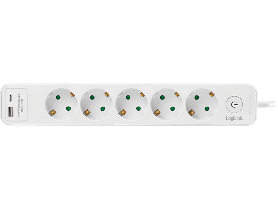 Stikdåse - 5 x CEE7/3 hun, USB-A+C, m. kontakt, Hvid (1,5m)