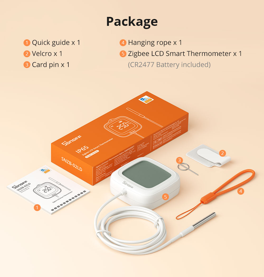 ZigBee SNZB-02LD - Smart termometer med probe (IP65)