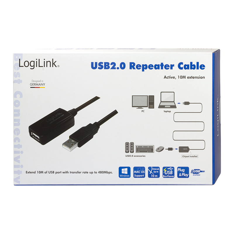 USB 2.0 Repeaterkabel - A han til A hun, Sort (10m)