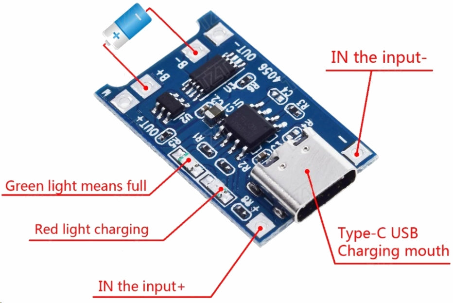 LiION/LiPOL batterilademodul TP4056 - 5V, USB-C ind (1A)