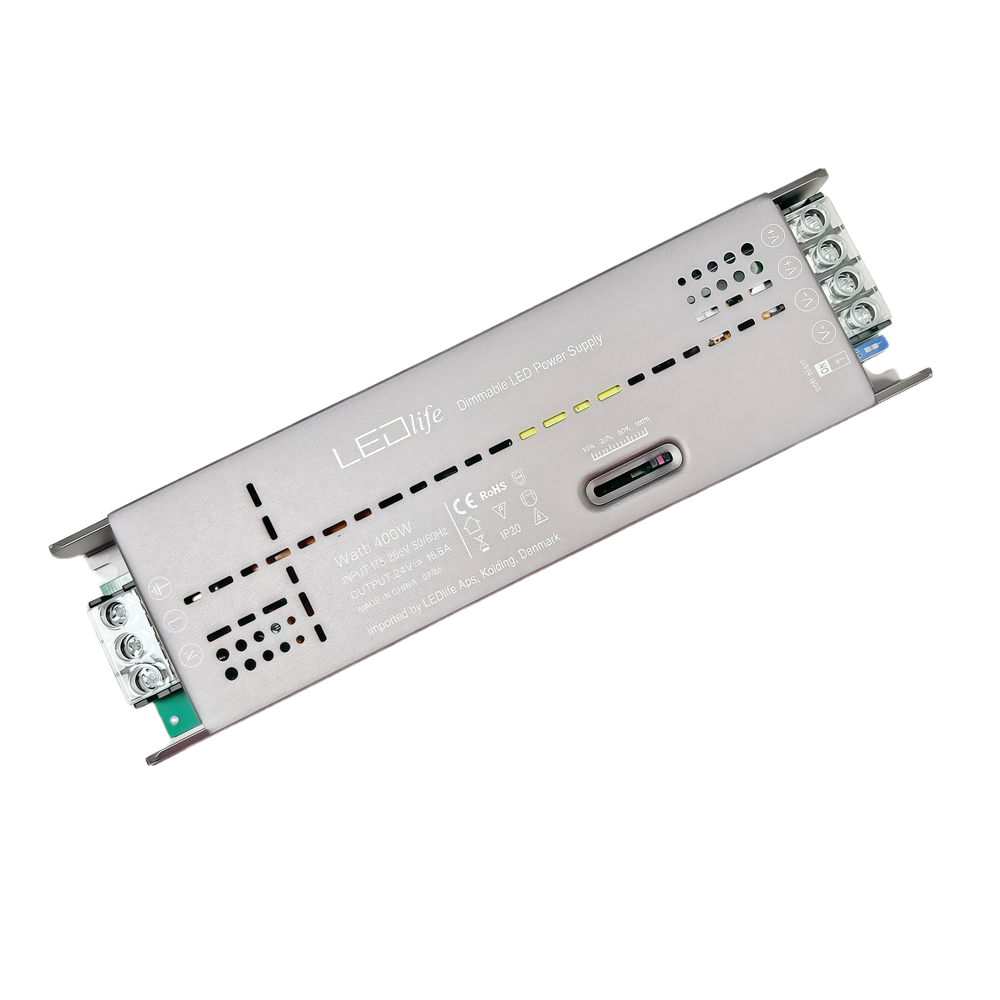 24V 400W Slide dæmpbar strømforsyning med flicker free-teknologi - 230V input, 24V DC output, 16,6A