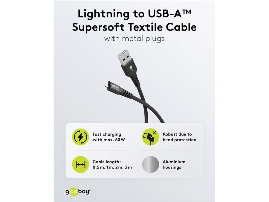 USB-A til Lightning Supersoft PD Tekstilkabel, 3A, Sort (1m)