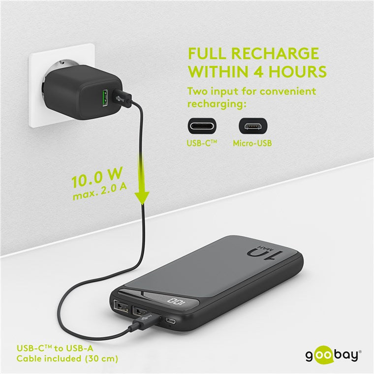 Slimline Powerbank m. LED display - 5V / 2,1A, 10000mAh
