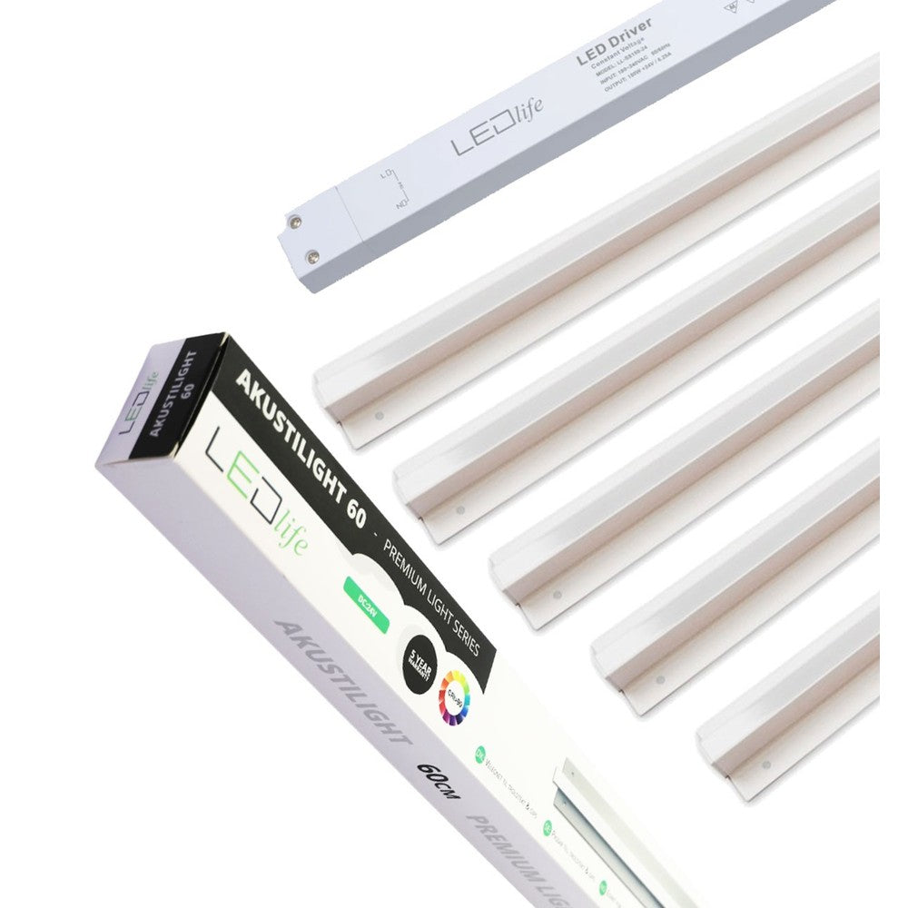 Troldtekt LED Skinnesæt 5x90 cm - Planforsænket, Akustilight inkl. ledninger og driver - 27W, 24V, 2700lm, RA93, 5 års garanti