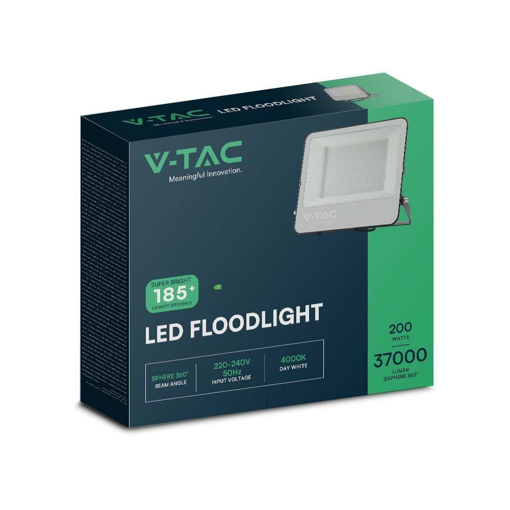 V-Tac 200W LED projektør - 185 lumen pr. watt, arbejdslampe, udendørs, vandtæt, højfarvegengivelse (RA70), 230V input