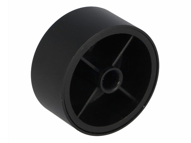 Drejeknap, Sort alu. - Ø35x19mm, Hvid prik, 6mm rillet aksel