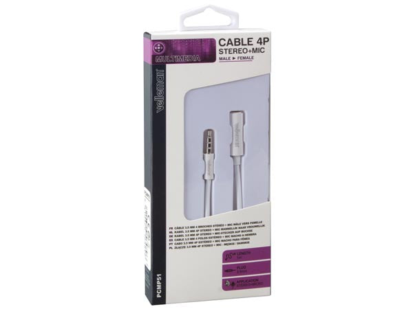 4pol audioforlængerkabel - 3,5mm JACK han/hun, Hvid (1m)