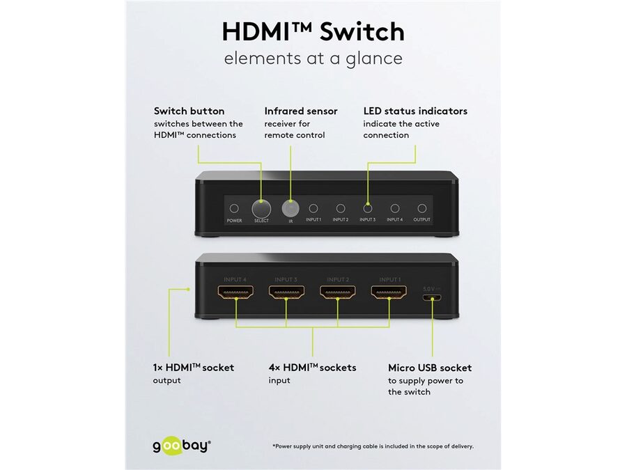 HDMI 2.0 switch - 4 ind til 1 ud, 4K/60Hz, HDCP