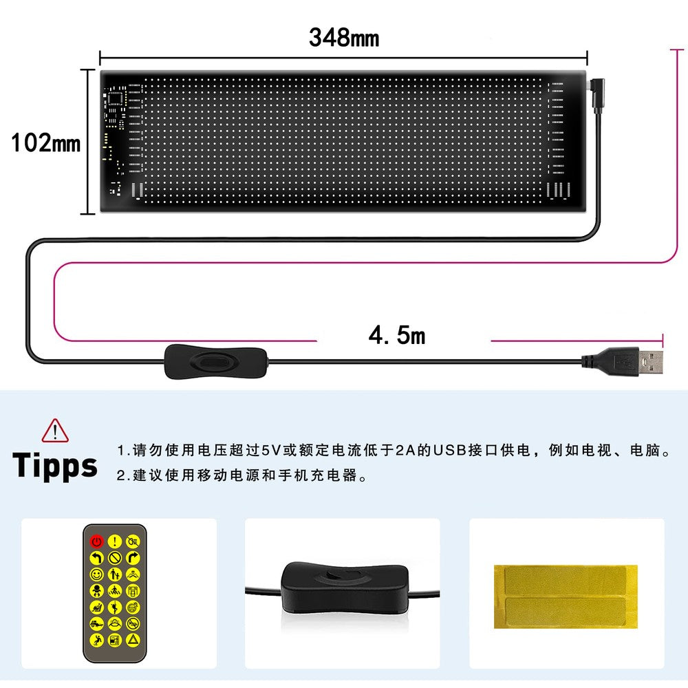 Pixel matrix panel 16x96 LED-display med Bluetooth-forbindelse og strømforsyning via 5V USB-port