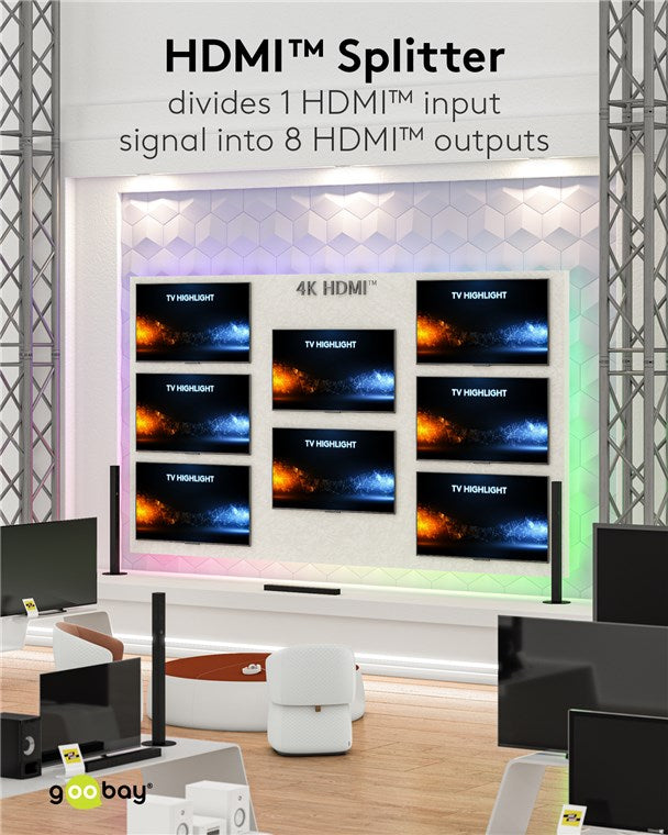 HDMI 1.4 splitter - 1 ind til 8 ud, Sort (4K HDTV)