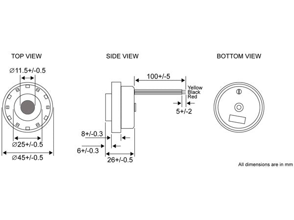 Summer - 1,5 til 13Vdc / 20-30mA, 105dB, 3 ledninger