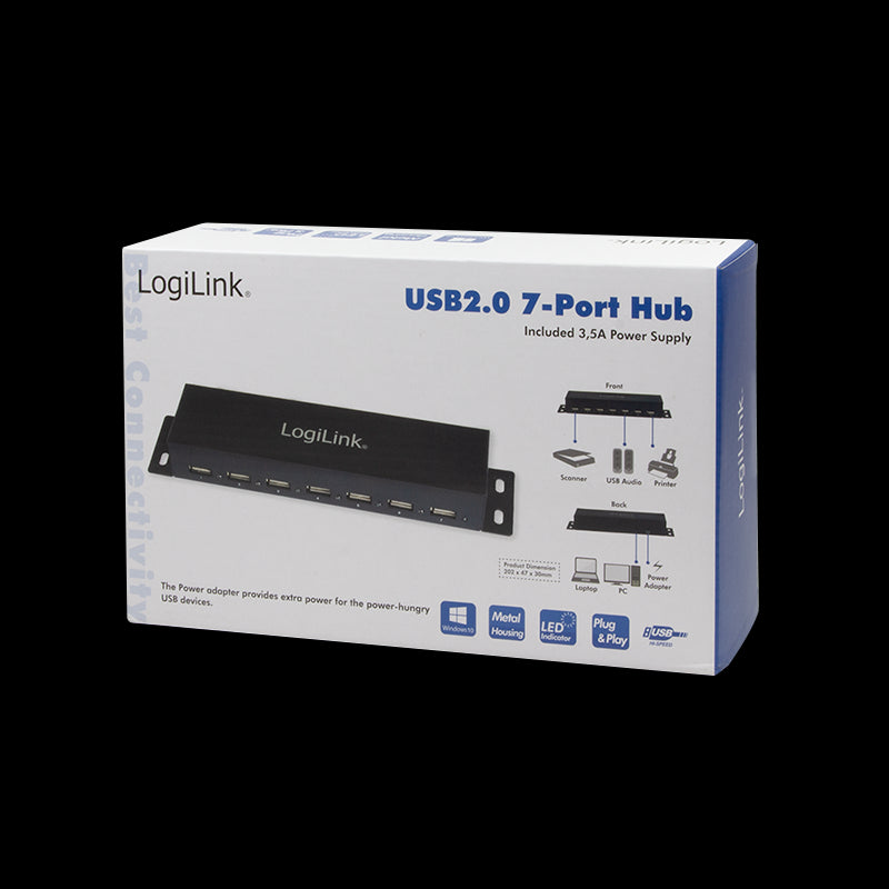 USB 2.0 HUB - 7 port inkl. Strømforsyning (3,5A) til montage