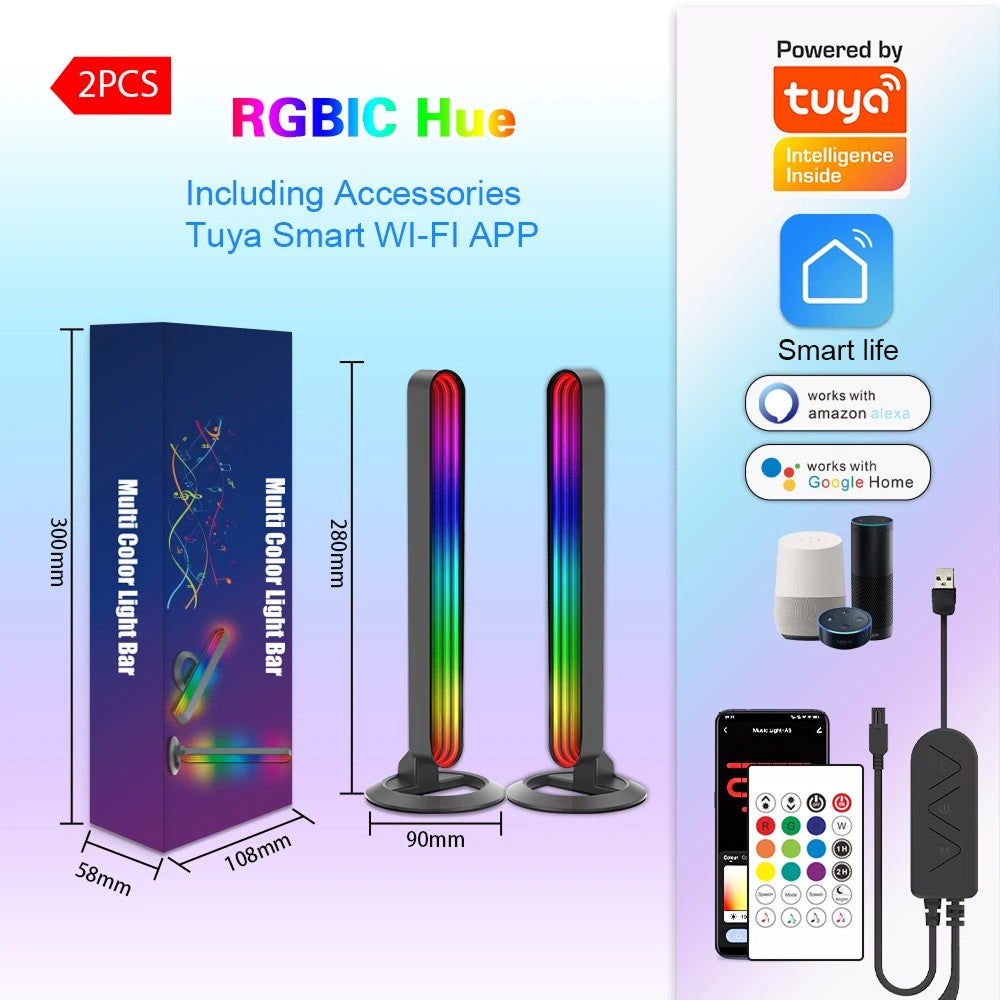 2 stk. RGBIC uendelige ambient light bar - 28cm, Bluetooth, 5W, USB-opladning