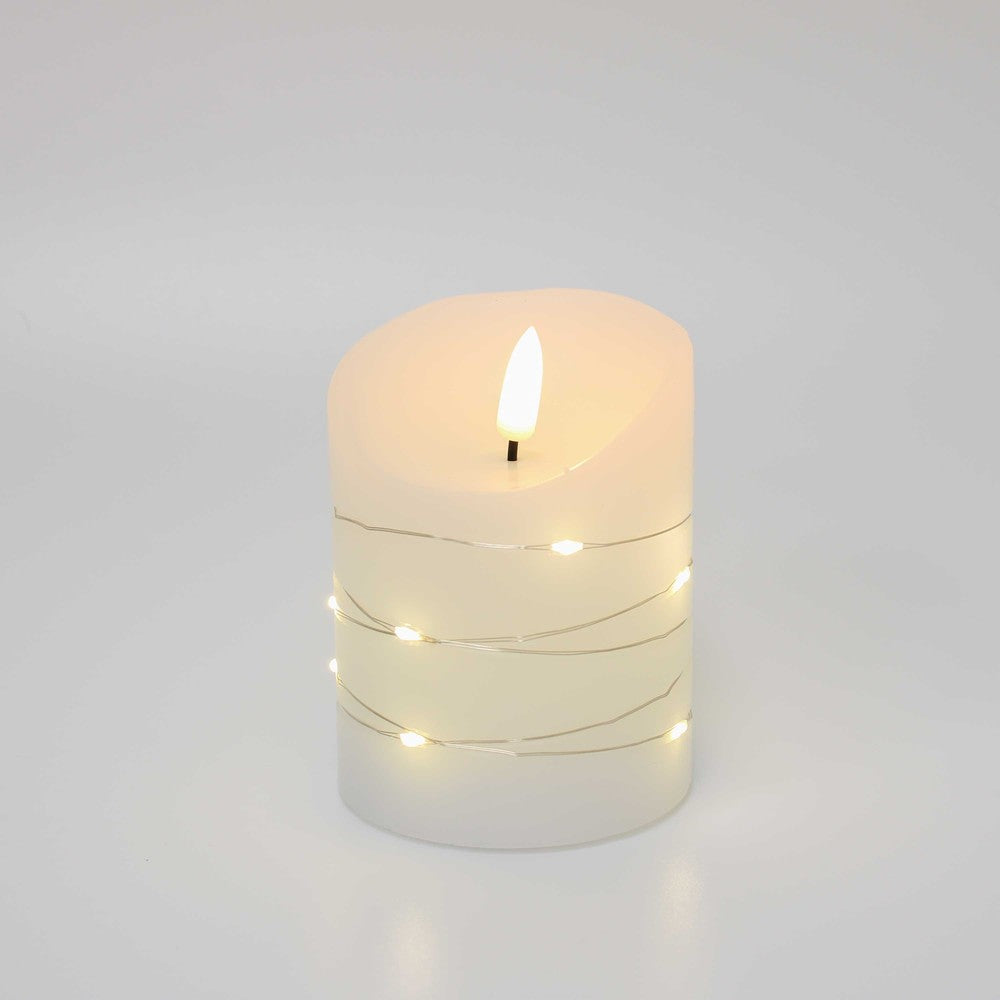 LED Bloklys med lyskæde, flammeeffekt, 10cm høj, inkl. fjernbetjening - Ø7,5cm, ægte stearin