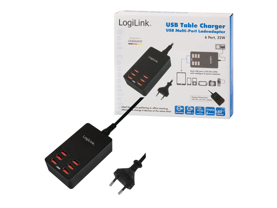 USB ladestation - 6 x 5V/2,4A (maks. 6,4A), Sort