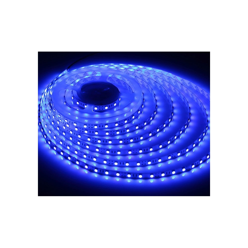 Blå LED-strips på 5 meter med 60 LED pr. meter og en effekt på 14,4W/m ved 24V, IP20 og RA80.