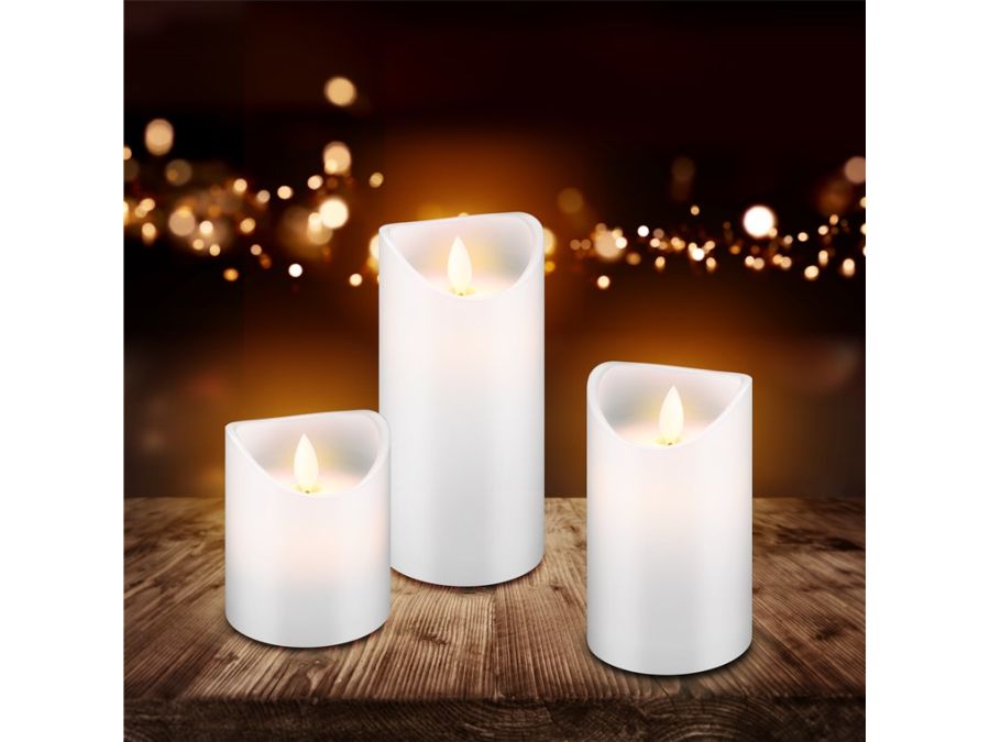 LED bloklys - flamme-effekt, timer, Hvid (3 stk.)