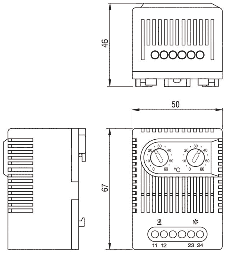 Termostat til DIN skinne - NC+NO, 10A/250V, 0-60°C