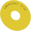Rund bagplade til nødstop paddehatte trykknap gul selvklæbende med engelsk tekst, EMERGENCY STOP
