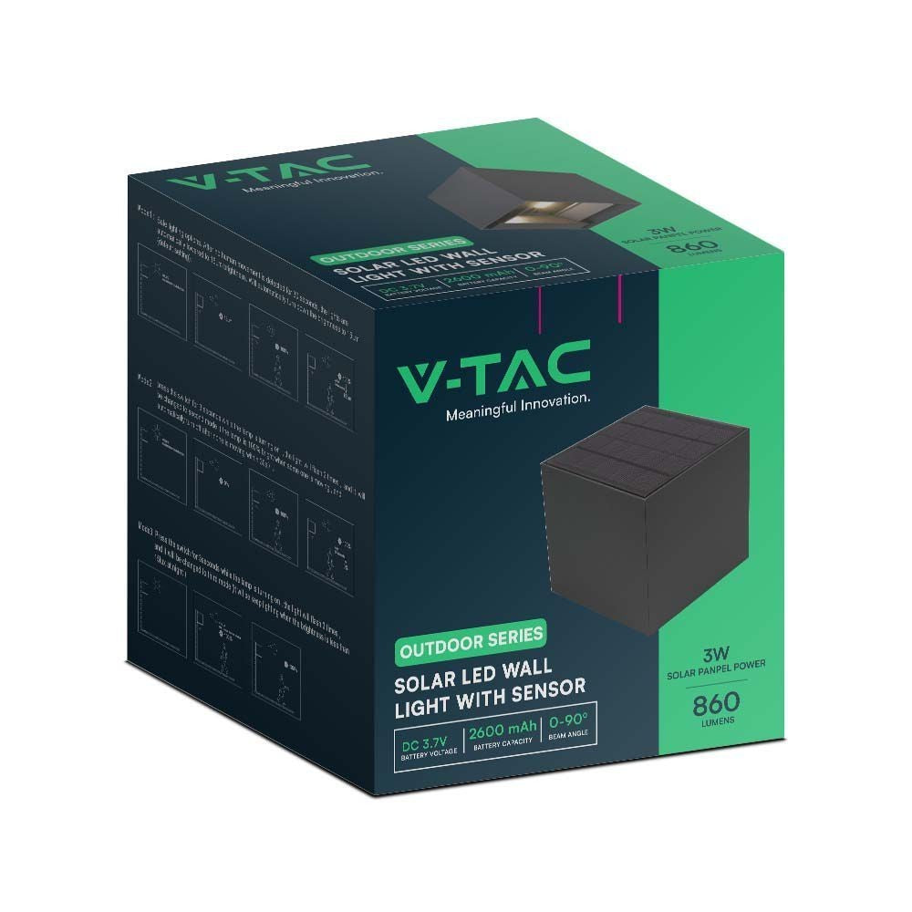 V-Tac 3W Solcelle væglampe LED - Sort, sensor, IP65, effekt 9W, 860lm, IP65.