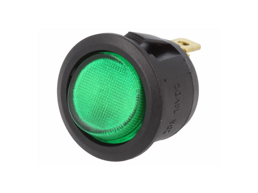 Vippekontakt - 1P OFF-ON, 20A 14Vdc, Grøn LED (Ø20,2mm hul)