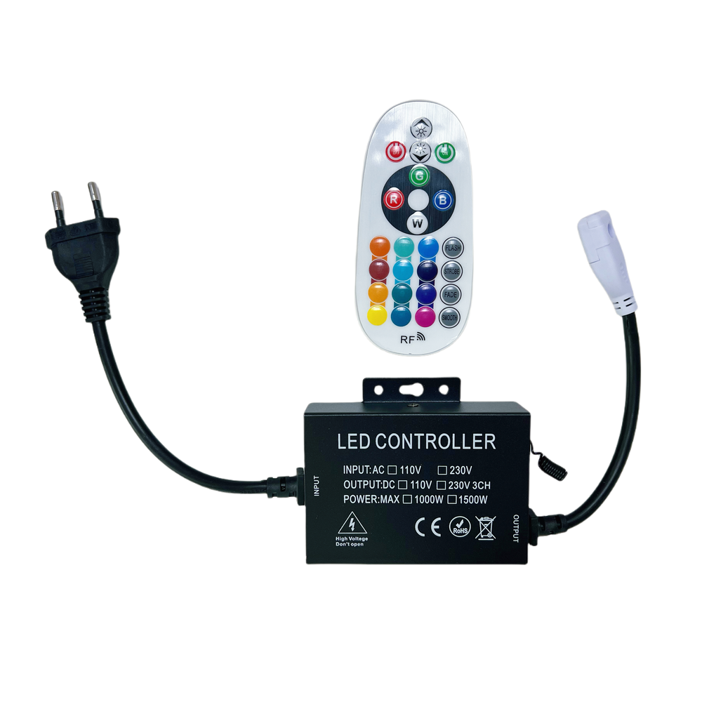 RGB 16x16 Neon flex kontroller med fjernbetjening og memory funktion (230V) - Radiostyret op til 100m, inkl. endeprop
