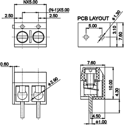 Print Skrueterminal - 2pol, 5mm benafst., lav profil, Sort