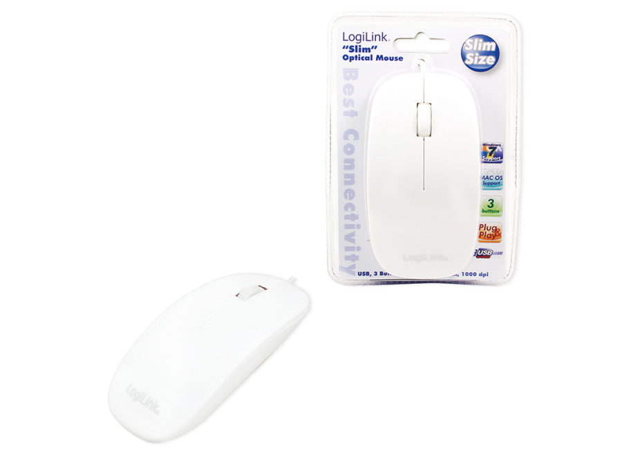 Optisk mus - flad design, USB, 1000DPI, Hvid