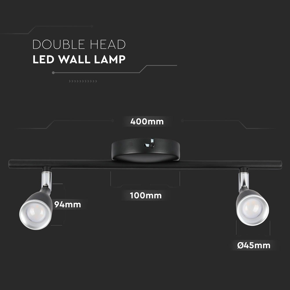9W LED Væglampe med 2 Hoveder, 3000K, Sort - V-Tac Pro Serie (3 års garanti)